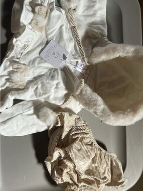 Cream Faux-Fur Hooded Baby Romper with Matching Bloomers